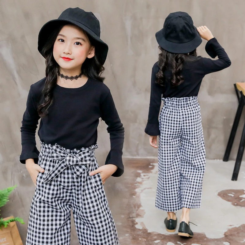 

Teenager Girls Clothing Set Children Outfit 2 Pcs Black T Shirt & Plaid Pants 2019 Spring Kid Clothing 4 5 6 7 8 9 10 11 12 Year