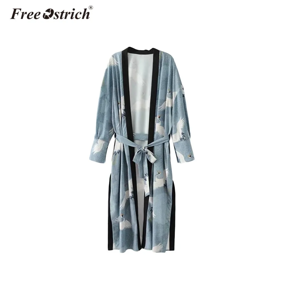 

Free Ostrich Vintage Kimono Print Shirts Sashes Women 2019 Cranes Side Split Long Sleeve Ladies Blusa Autumn Outerwear Long Tops