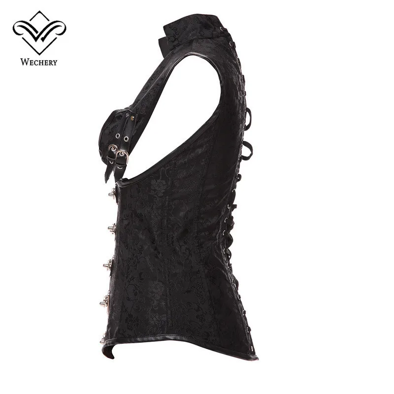 Wechery Черный корсет стимпанк Одежда для женщин парчовый готический корсеты со стальными косточками бюстье сексуальный жилет-корсет S-6XL