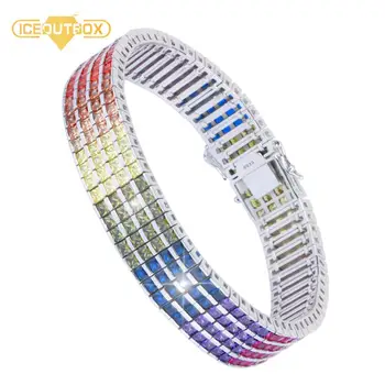 

Luxury 13mm Wide 4 Row Rainbow Bracelet 925 Sterling Silver Top Quality Fashion Design Shining Rhinestone Charm Bracelet Bangle