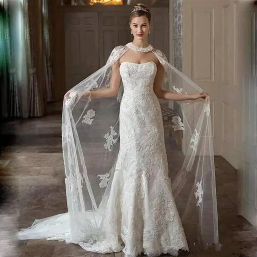 

Fashion New Bridal Boleros Jacket White Ivory Long Wedding Capes Cloaks Tulle Appliques Lace Custom Made Jackets