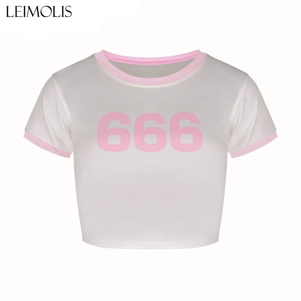 

LEIMOLIS 2018 summer 3d print 666 pink Letter japan harajuku kawaii punk sexy tight crop top girl punk rock short t shirt women