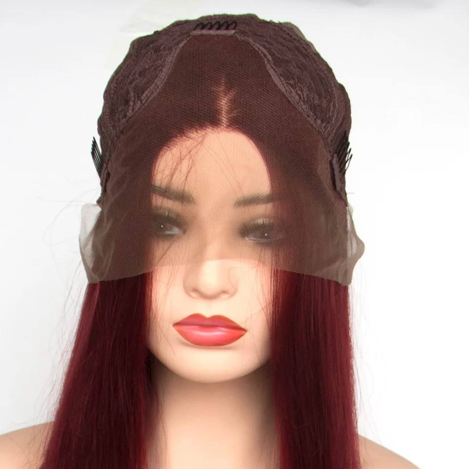 Vnice Peluca Frontal De Encaje Sintético Larga Recta De Color Rojo Vino Oscuro Pelo Natural Sin Pegamento Pelucas Resistentes Al Calor De Densidad