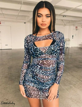 

Women Sexy Leopard Dress Transparent Bust Cut Out Mesh Club Wear Evening Party Short Mini Dress