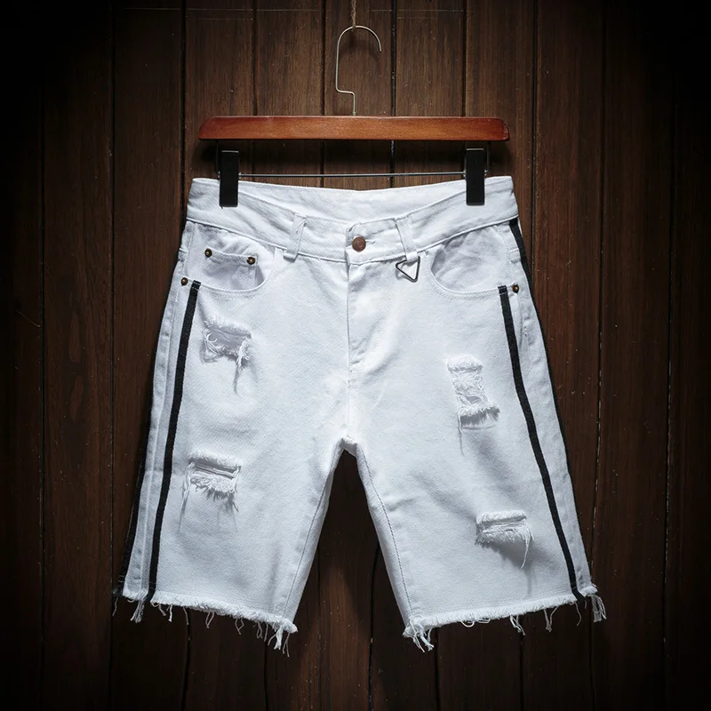 Мужские белые джинсовые шорты с дырками, новые модные летние мужские хлопковые короткие джинсы, Мужские повседневные джинсовые шорты