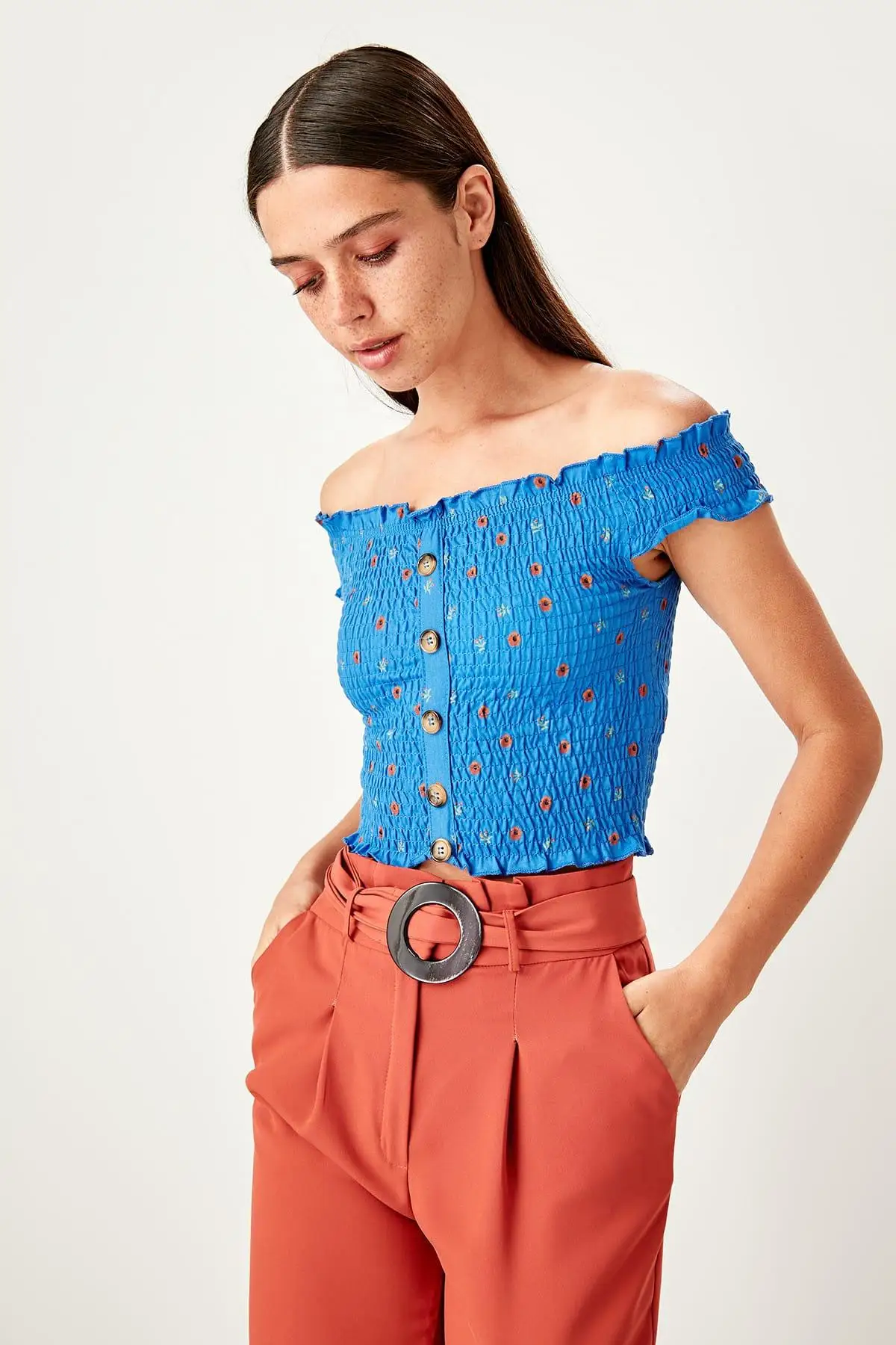 Trendyol Saks Кармен воротник узор трикотажная блузка TWOSS19BZ0229|Блузки| |