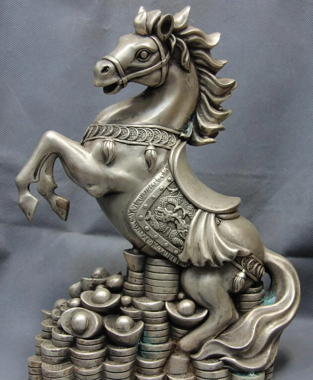 

USPS to USA S2731 China White Copper Silver Feng Shui Money Wealth Dragon Horse Horses Statue B0401