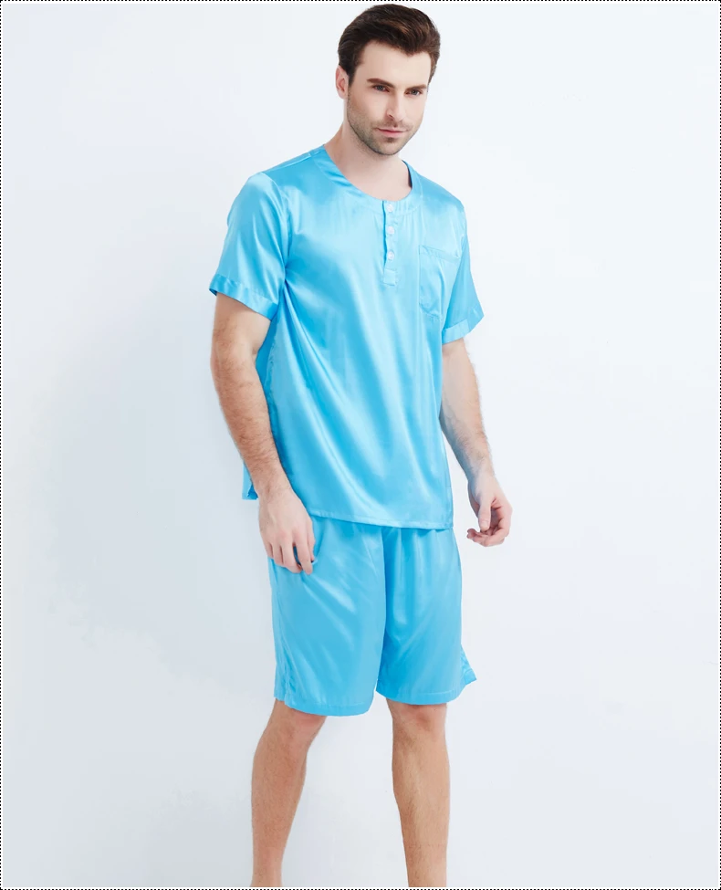 Мужские брендовые тяжелый шелк пижамы набор летней Для мужчин пикантные пижамы 100% шелк мужской пижамы с короткими рукавами, шорты набор