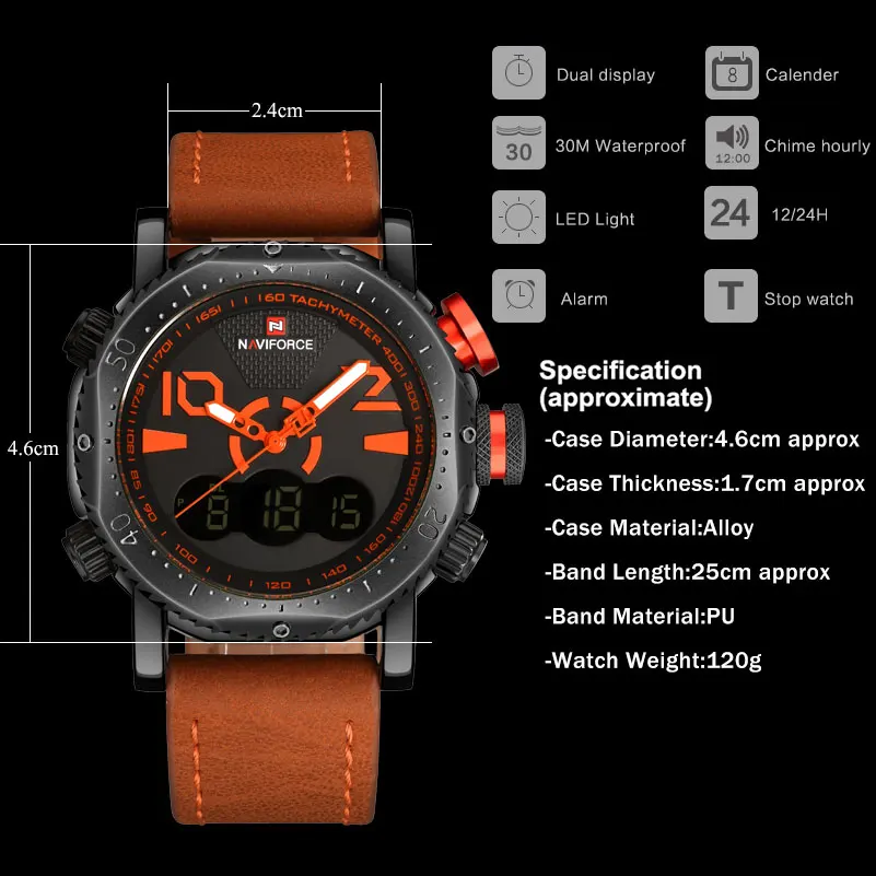 NAVIFORCE мужские спортивные часы с двойным дисплеем светодиодные цифровые