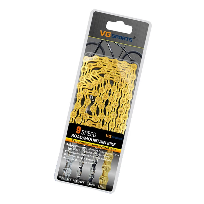 Cheap Vg Sports Ultralight 9 Speed Bicycle Chain Bike Chain Half Full Hollow 116L Mountain Mtb Road Bike Chains-Gold 1