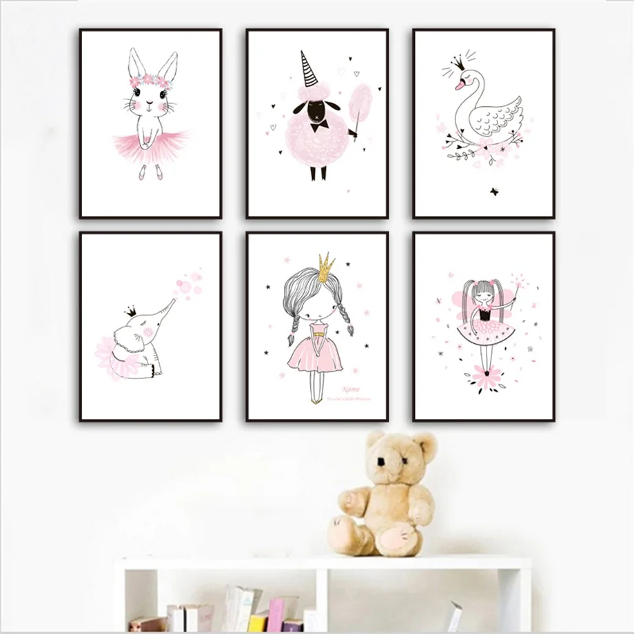 

Pink Castle Little Princess Swan Carriage Nordic Posters And Prints Wall Art Canvas Painting Cartoon Wall Pictures For Kids Room