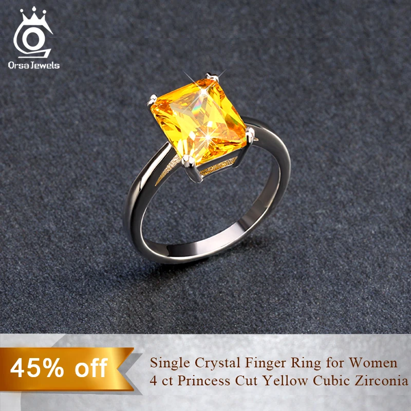 ORSA JEWELS 2019 New Arrival 4 ct Princess Cut Yellow Zircon Vintage CZ Ring Hot Selling Silver Color Rings for Ladies OR59