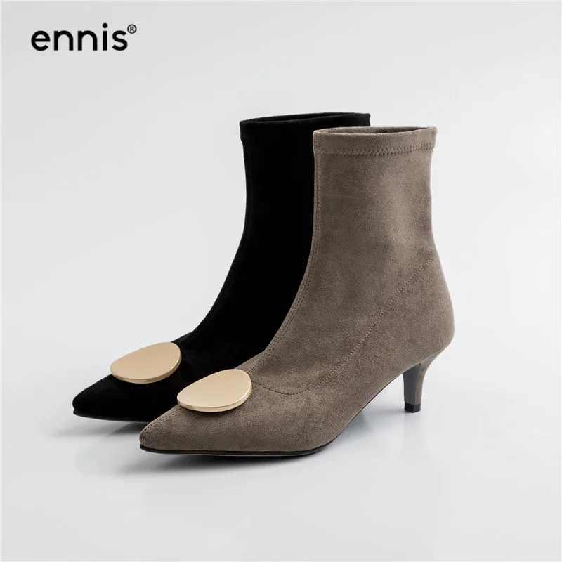 

ENNIS 2019 Autumn Winter Women Boots Pointed Shoes Stiletto Boots Black Gray Stretch Boots European Ladies Flock Shoes New A924