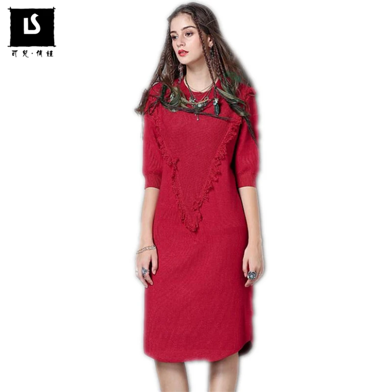 

2018 Spring Autumn Dress For Women Retro Wool Sweater Dress Tassel Elastic Half sleeve Dresses Casual Wear Office Ladies Vestido