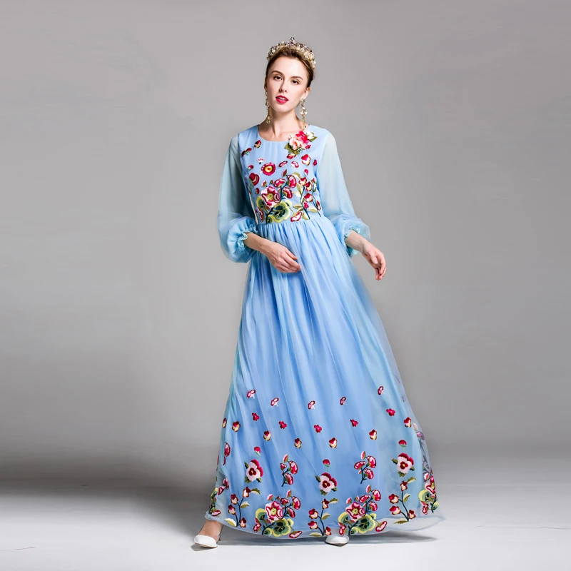 

Europe Style 2017 Spring Newest Vintage Mesh Flowers Rmbroidery O-Neck Full Sleeve Collect Waist Ankle-Length Dress Women