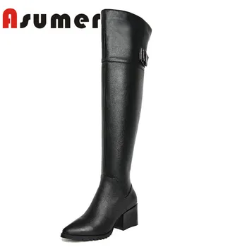

ASUMER NEW 2020 buckle over the knee boots high quality solid genuine leather boots autumn thick heels fashion women boots