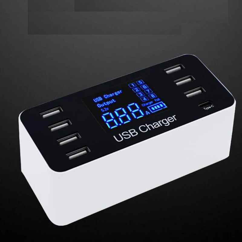 40W Type-C Smart USB Charger with LCD Display with 8 USB Power Ports for Mobile Phone and Tablets