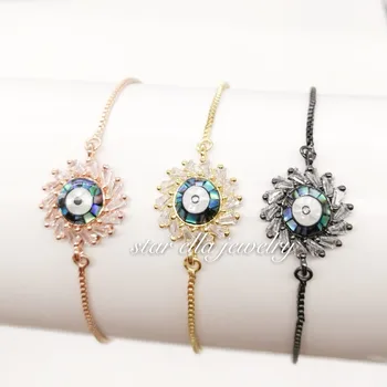 

10pcs/lot Hot Micro Pave Cubic Zirconia White Abalone Sunflower Turkey Evil Eye Link Chain Adjustable Bracelets Pulsera Jewelry