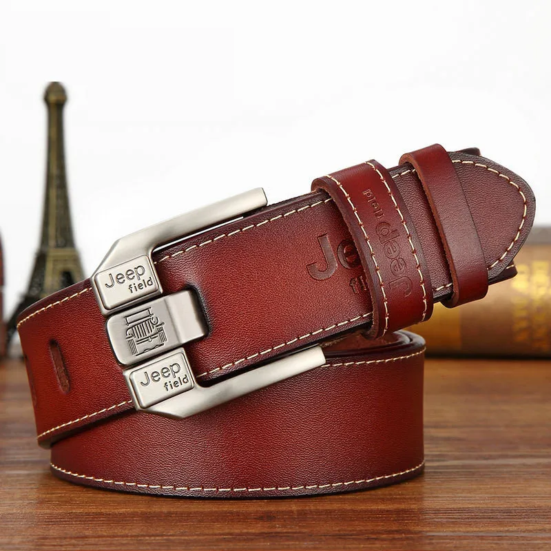 JEEP Field Red brown LAUWOO, модный мужской повседневный ремень из натуральной кожи, высокое качество, Воловья кожа, Ретро стиль, ремень с пряжкой, дизайн, коричневые ремни - Цвет: JEEP Field Red brown