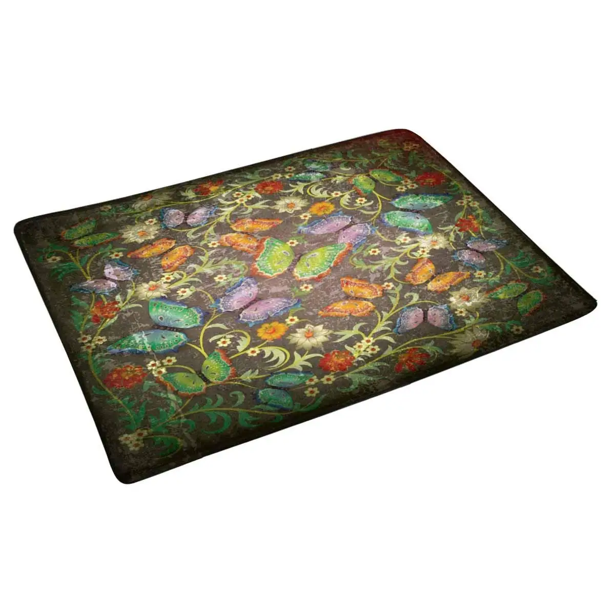Door Mats Floral Ornament and Butterflies on Green Indoor Entrance Rug