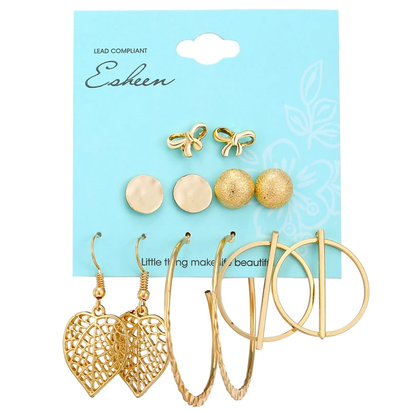 

6PCS/SET Korean Leaf Flower Earrings Set for Women Circles Round Geometric Stud Earrings Gold Color Boho Statement Earring EB170