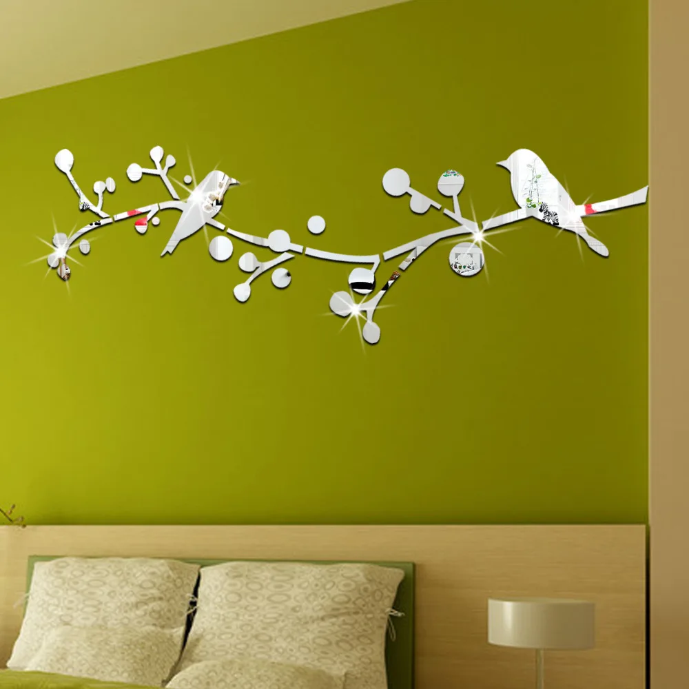 Bird and branch shape 3D crystal mirror wall stickers living room