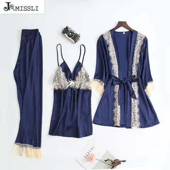 

JRMISSLI Cute Lace Women Pajamas Sets Sexy Silk Sleepwear Suit 3 Pcs Nightdress Robe Pants Satin Night Home Wear Pyjama Femme