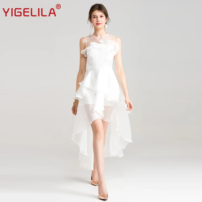 

YIGELILA 2019 Latest Summer Women Fashion Beach Mesh O-neck Sleeveless Empire Long Asymmetrical White Ruffles Dress 62798