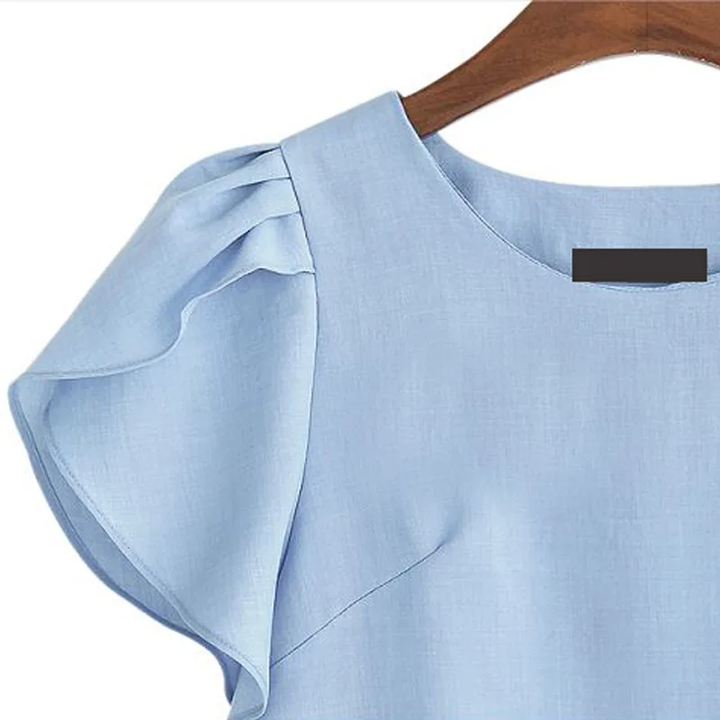 Amoyblue Sky Blue Chiffon Blouse Shirts 2017 Summer Womens Fashion Shirts Lotus Leaf Sleeve Linen Ladies Elegant Slim Blouse 5XL Blouses