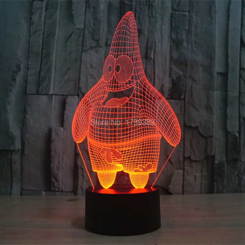 

Free Shipping Glowing Colorful Cartoon SpongeBob Patrick Star 3D Acrylic LED Night Light Plastic USB 3D LED Table Lamp