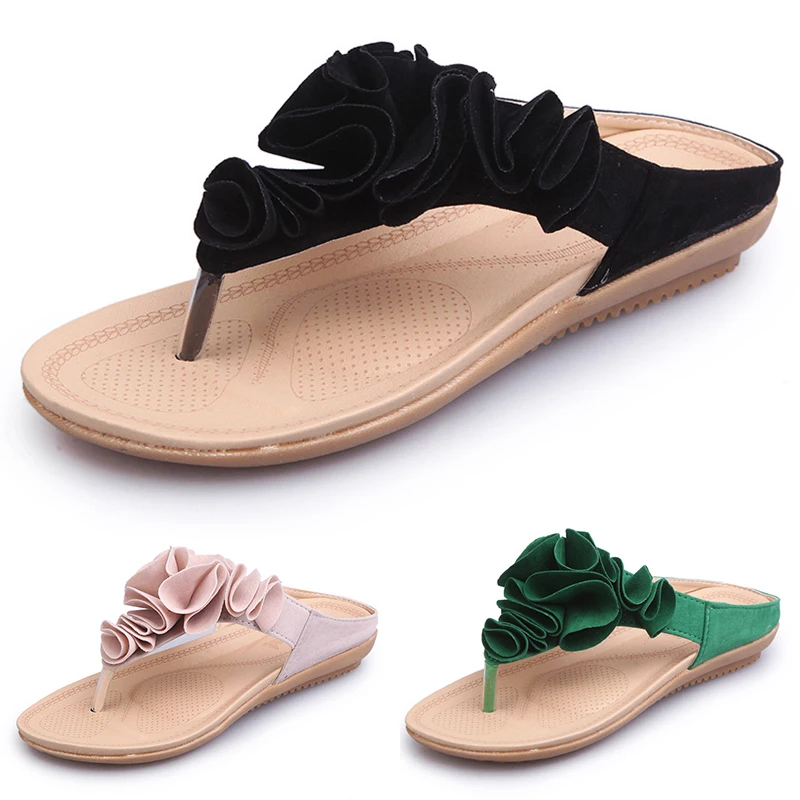 

2019 New Women Summer Non-slip Flats Shoes Floral Solid Flip Flops Woman Outdoor Beach Slippers Sandals sapato feminino P25
