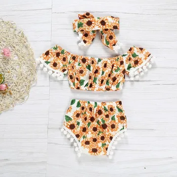 

3Pcs Infant Newborn Baby Girl clothes Set Sunflower tassel Off Shoulder Tops + Short + Headband outfit Toddler Baby clothes set