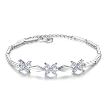Pulseras de plata de ley 925 con flor de circón para mujer, brazalete de cadena, pulsera S-B53