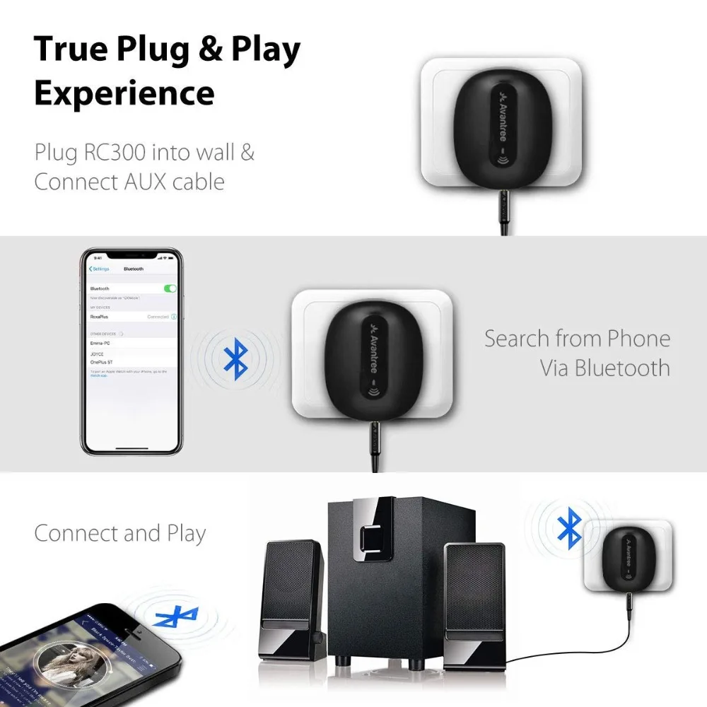 Receptor Bluetooth inalámbrico Avantree Roxa Plus sin carga aptX de baja latencia para estéreo domé