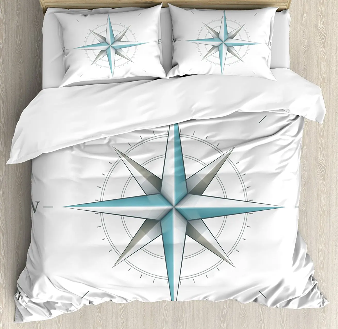 

Compass Duvet Cover Set Antique Wind Rose Diagram for Cardinal Directions Axis of Earth Illustration 4 Piece Bedding Set