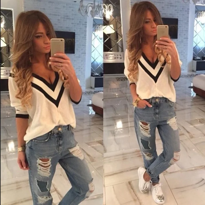 

2018 new woman White V-neck shirt top