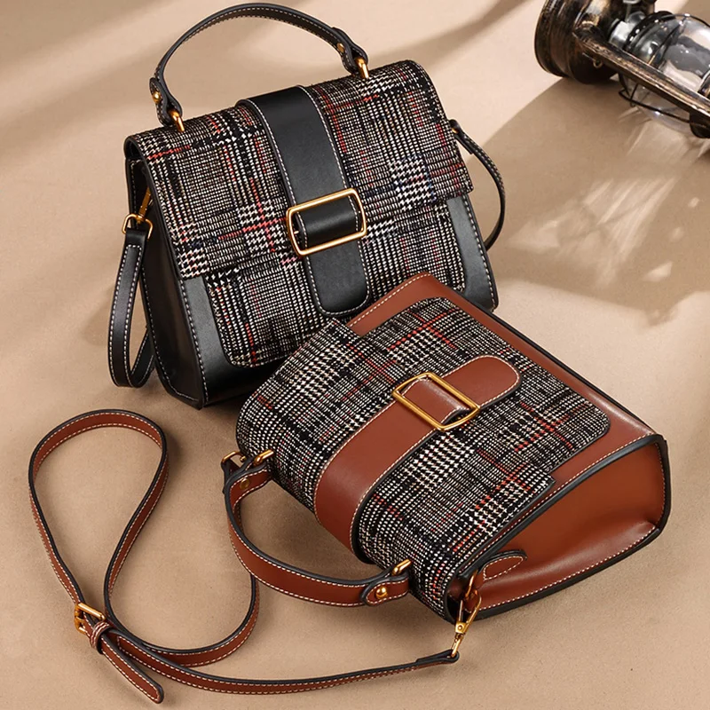 British Style Fashion Genuine Leather Women Shoulder Bag Plaid Top