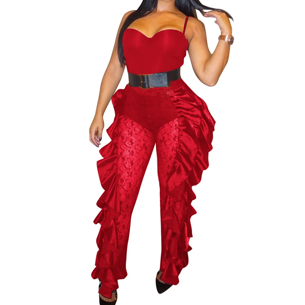 Sexy Off Shoulder Lace Patchwork Jumpsuit Women See Through Mesh Ruffles Bodycon Romper Club Party One Piece Jumpsuits Overalls
