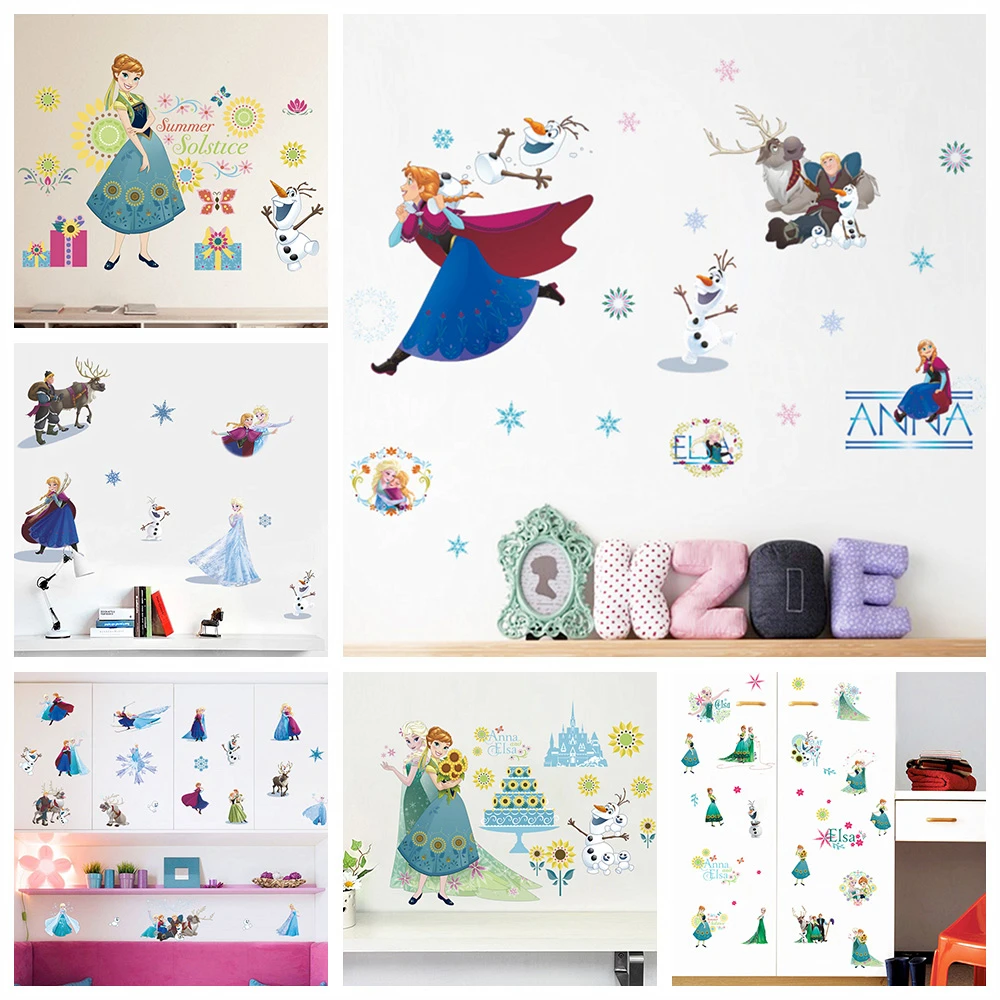 Cartoon Elsa Anna Princess Decorative Stickers For Kids Room Kindergarten Decoration Anime Wall Art Decals Frozen Movie Posters