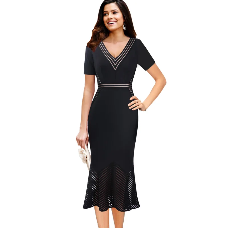 

Vfemage Womens Elegant V Neck Illusion Striped Casual Cocktail Party Slim Fitted Stretch Bodycon Mermaid Midi Mid-Calf Dress 972