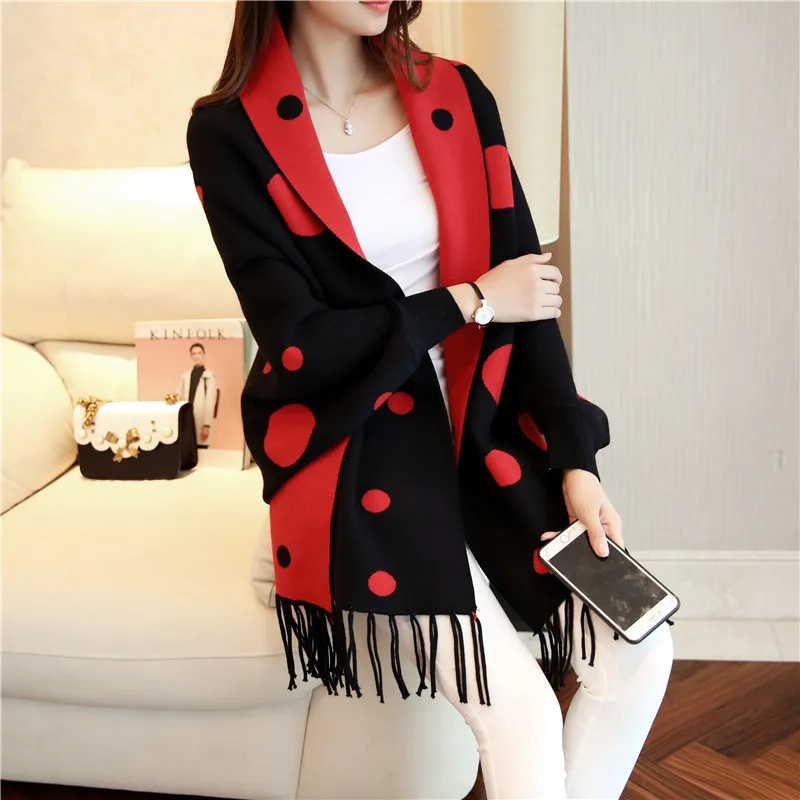 2018 Autumn New Women's Elegant Tassel Wrap Swing Cardigan Knitted Oversized Sweater Scarf Cape Poncho Long Cardigan Winter