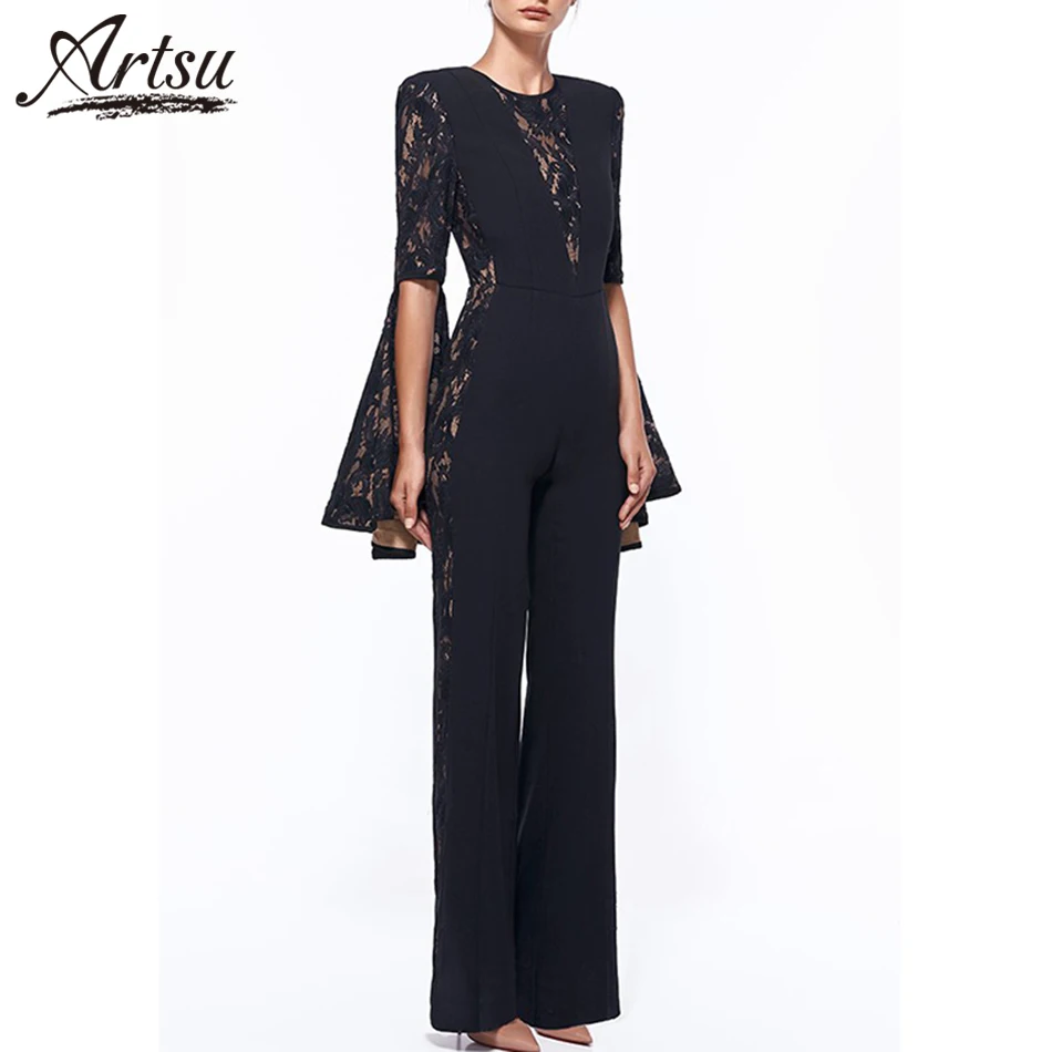 Artsu Summer Chic Lace Full Sleeve Straight Jumpsuits Evening Party 2018 Women's Elegant Black O-Neck Long Hot Sale | Женская одежда
