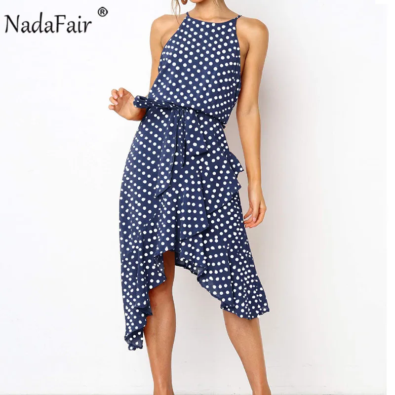 Comprar Nadafair volantes Mujer verano Polka Dot vestido de talla grande Irregular faja arco Midi vestido elegante sin mangas Boho Sexy Halter vestido