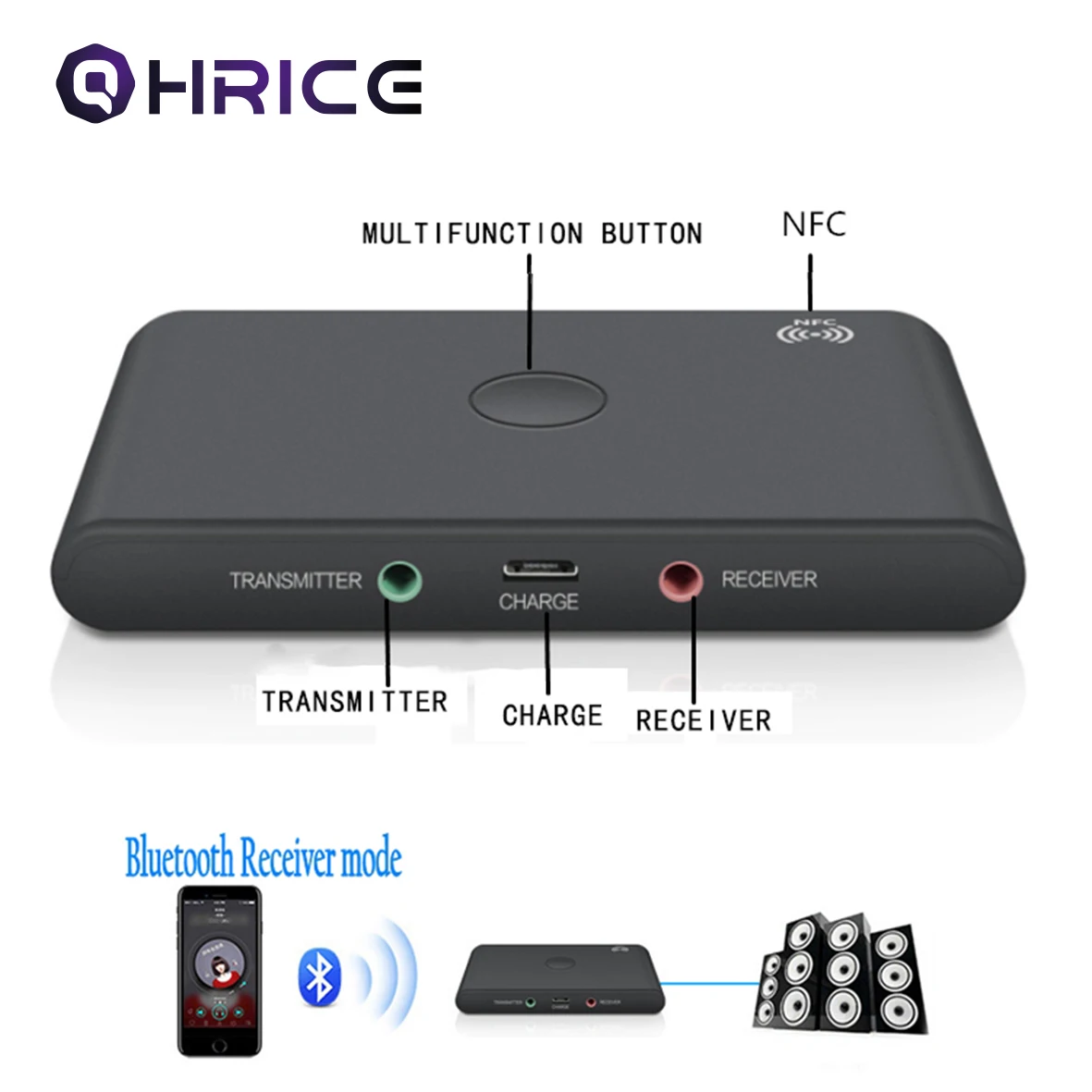 

QHRICE New 2 In 1 Wireless Bluetooth 4.2 Adapter NFC Receiver Transmitter Music Adapter To The AUX Input Or RCA Port For PC