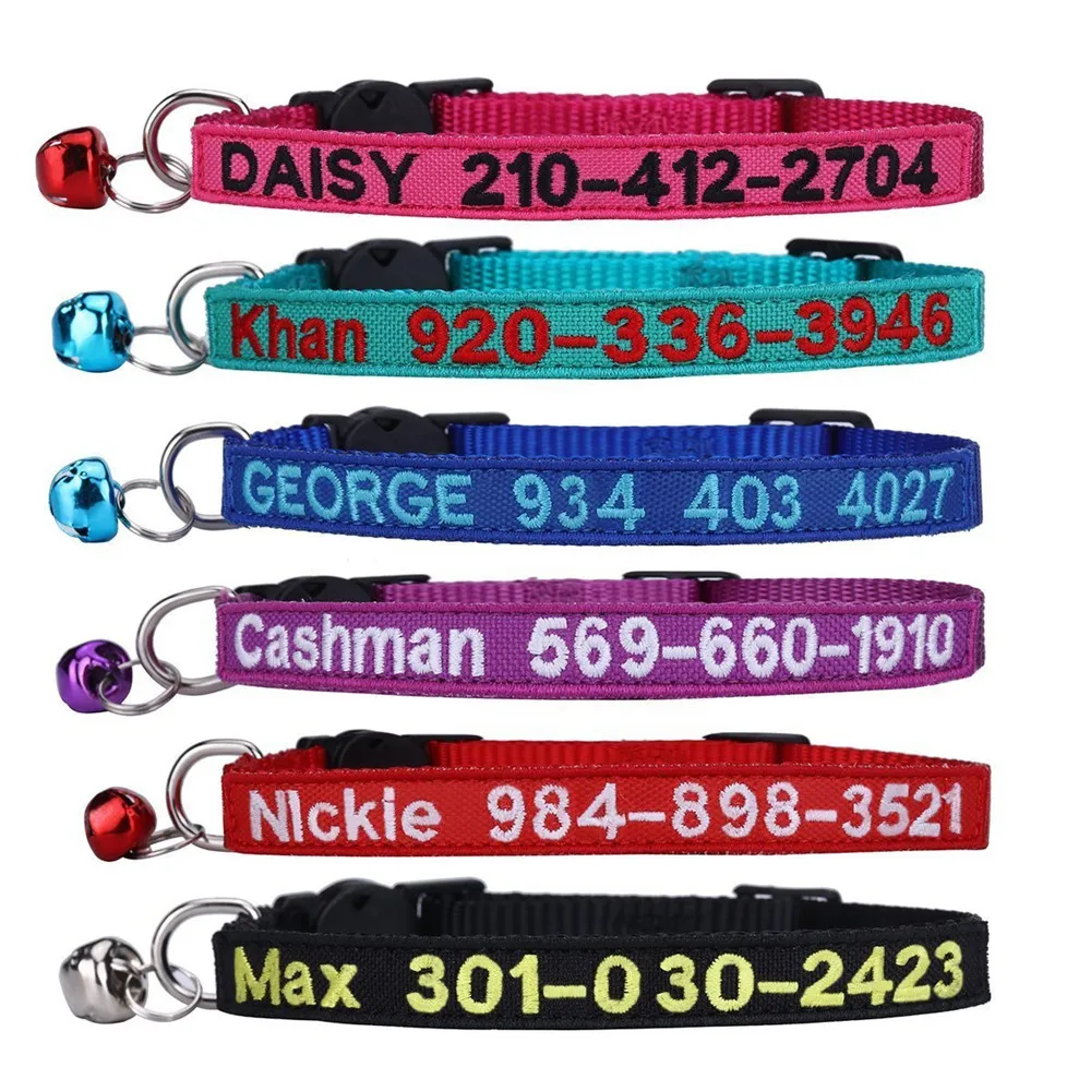 

YDL personalized engraved cat collar embroidery with bell cat collars custom cats name and phone number for kitten collar