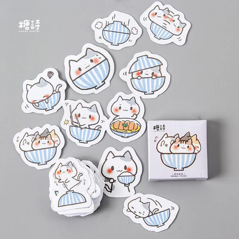 45PCS/box New Kawaii A Bowl Of Cats Boxed Sticker Slef Adhesive Sticky Paper Lovely Cat Seal Diary Deco DIY Stickers Kids Gift 46pcs afternoon tea stickers mini sweets cake coffee drink note sticker decorative adhesive kids gift diary journal seal h6536