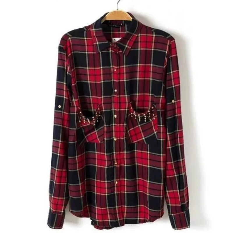 

Rivet pocket Long sleeve Plaid Shirts Fashion Women Formal Work Blouse Casual 2 color Tops blusas chemise femme S1099