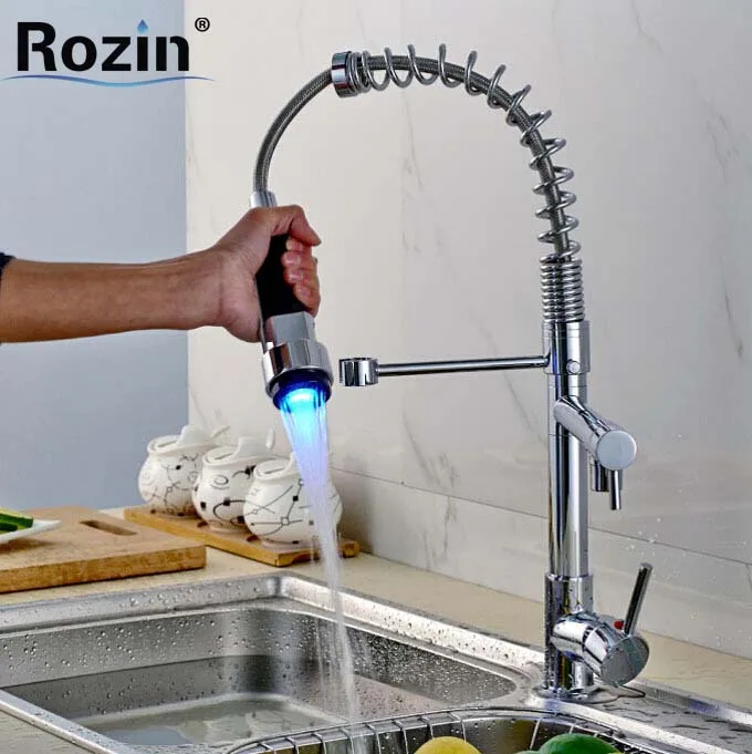 

Luxury Dual Spout LED Color Light Kitchen Mixer Faucet Chrome Deck Mount Single Lever W/ Hot and Cold Hose