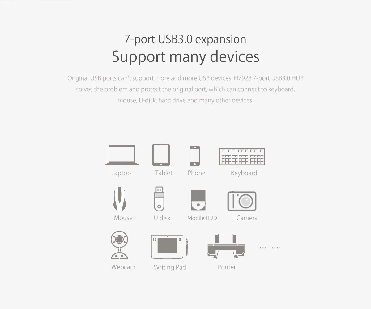 7 портов USB3.0 концентратор для настольного компьютера с 12V2. 5A адаптер питания USB 3,0 концентратор, H7928-U3-V1