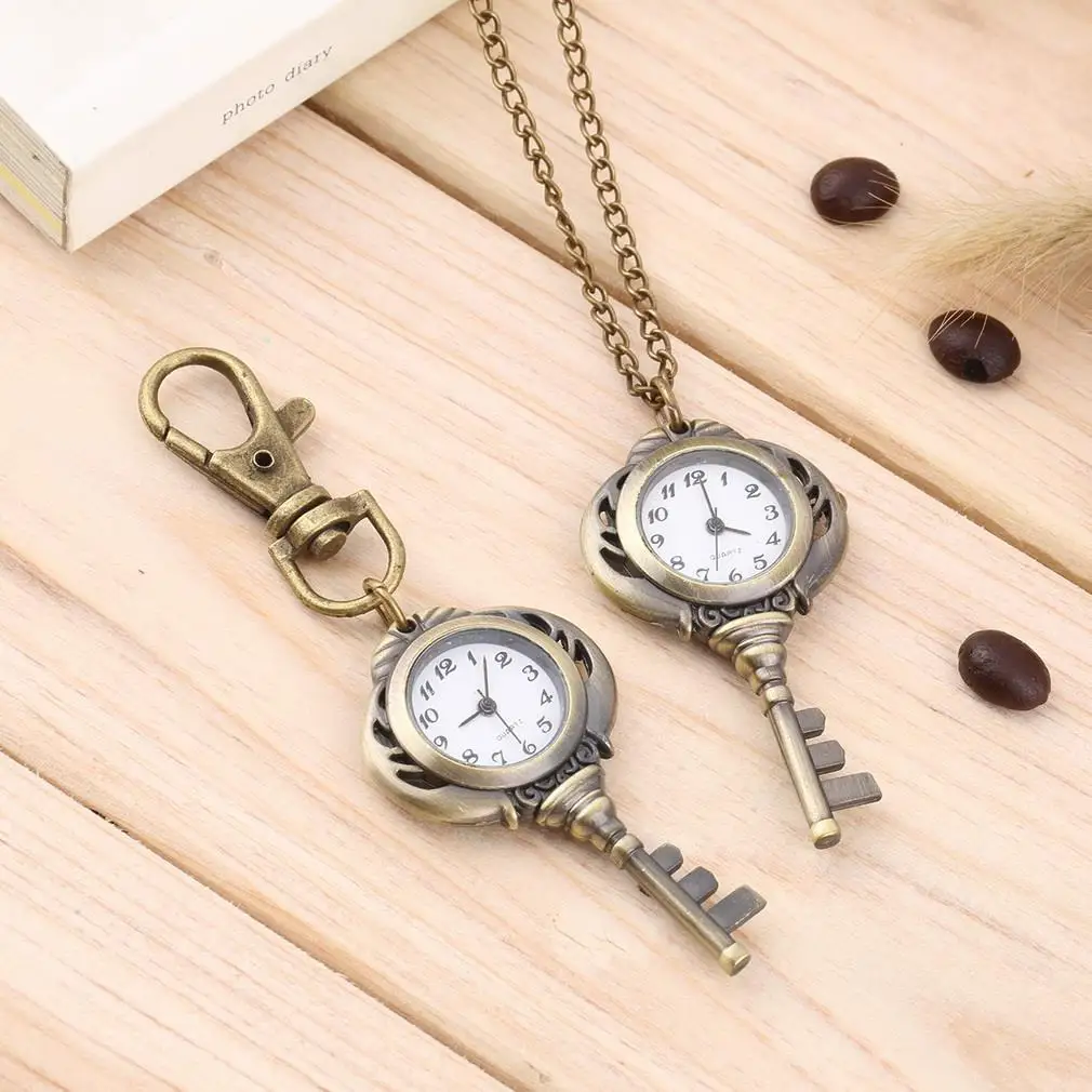Vintage Antique Stainless Steel Quartz Pocket Watch Key Shaped Pendant
